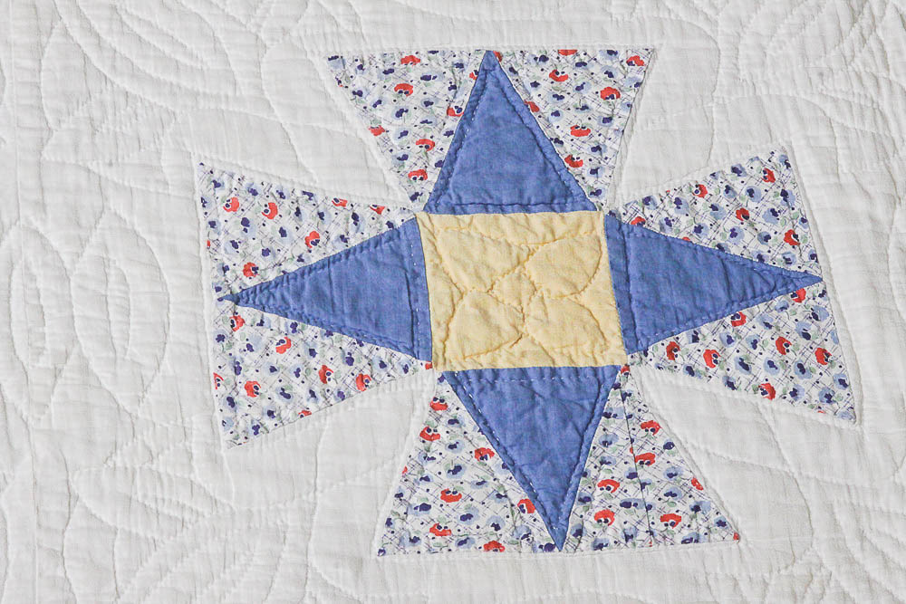 Pair Vintage Four Pointed Star Motif Cotton Quilts