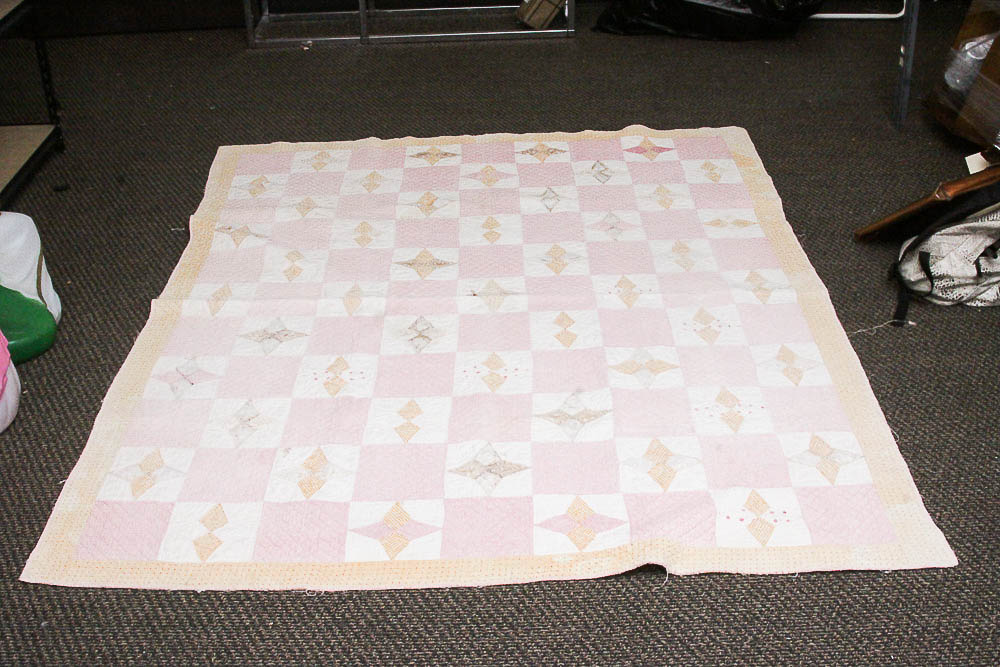 Pair Vintage Four Pointed Star Motif Cotton Quilts