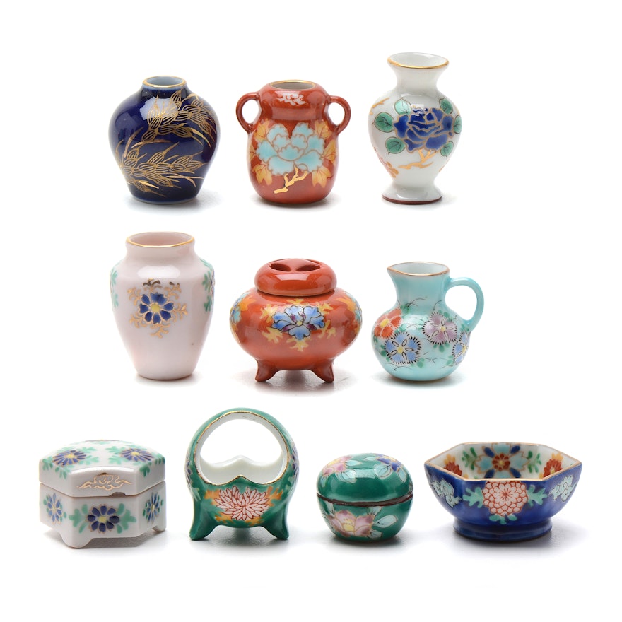 Vintage Ide Pottery Japanese Enameled Porcelain Miniature Set