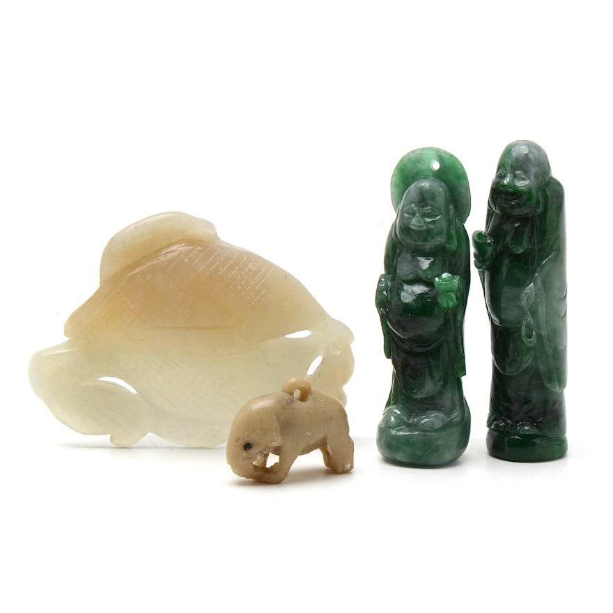 Assortment of Chinese Carved Stone Talismans Including Jadeite and Nephrite