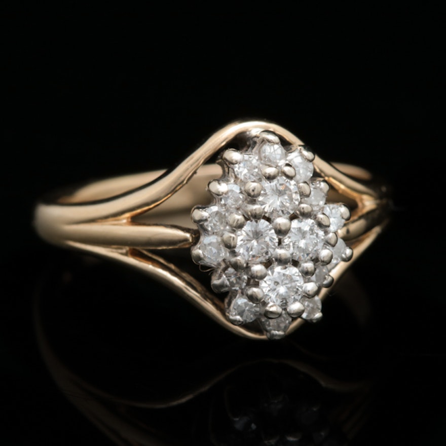 14K Yellow Gold and Diamond Cluster Ring