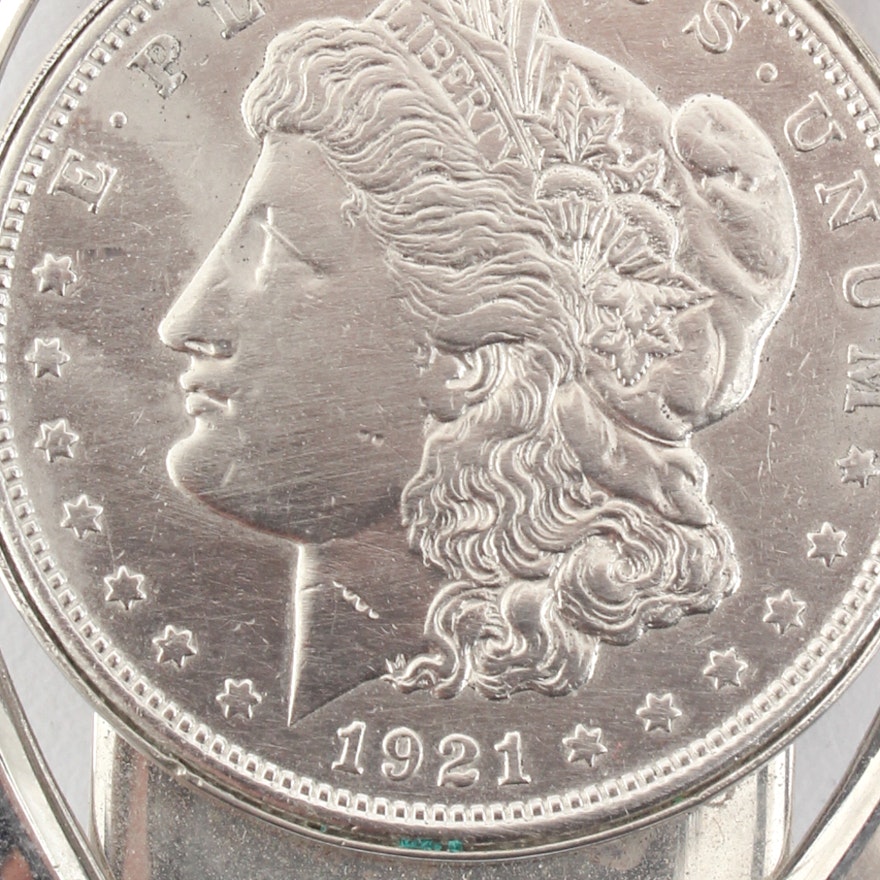 1921 Morgan Silver Dollar in Silver-Tone Money Clip