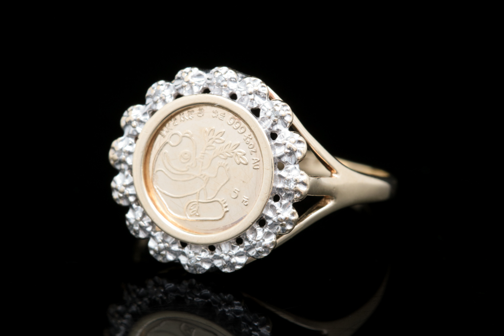 10K Yellow Gold, Replica Panda Coin and Diamond Ring