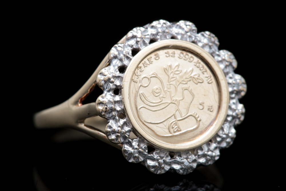 10K Yellow Gold, Replica Panda Coin and Diamond Ring