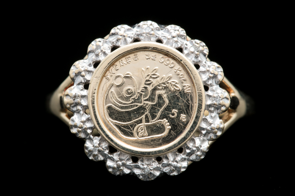 10K Yellow Gold, Replica Panda Coin and Diamond Ring