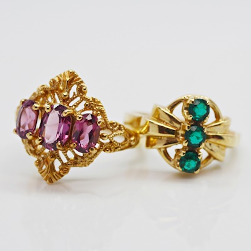 10K Yellow Gold Pink Tourmaline Ring and 10K Yellow Gold Green Glass Ring