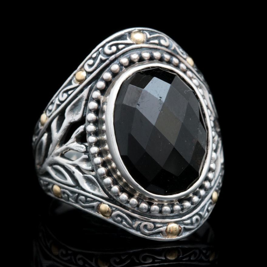 Robert Manse Sterling Silver, 18K Yellow Gold and Black Tourmaline Cocktail Ring
