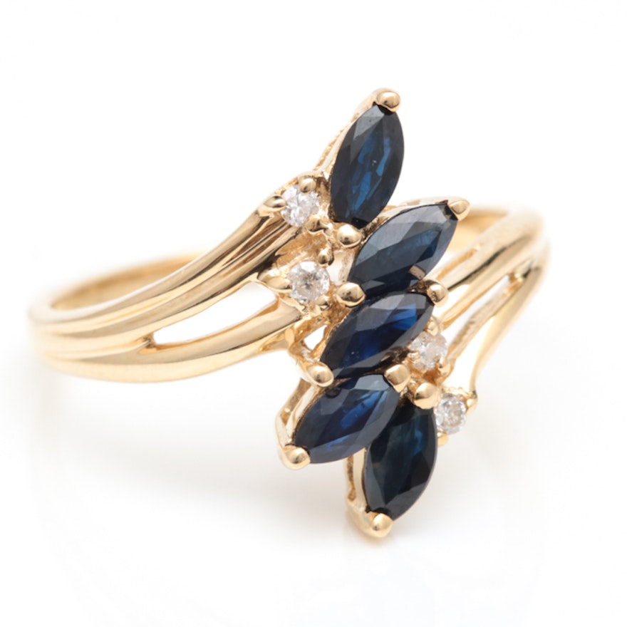 10K Yellow Gold, Blue Sapphire and Diamond Cocktail Ring