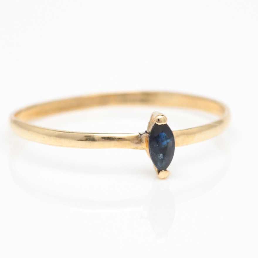 14K Yellow Gold and Marquise Blue Sapphire Solitaire Ring