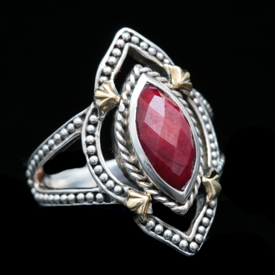 Robert Manse Sterling Silver, 18K Yellow Gold and Dyed Red Corundum Ring