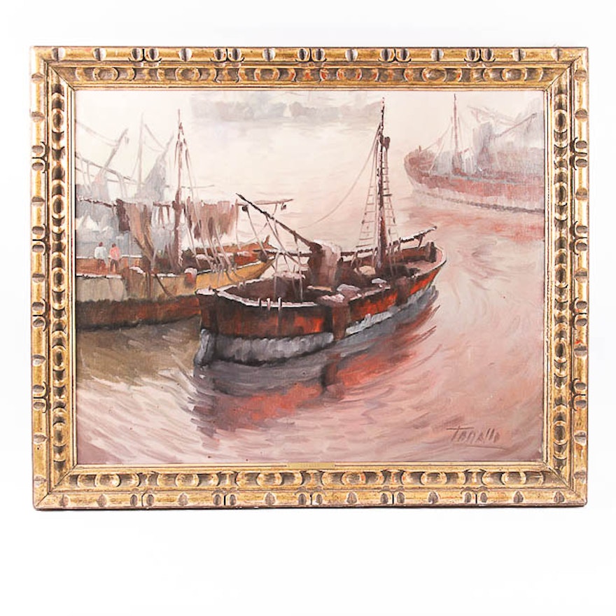 Tanallo Original Oil Painting on Canvas, Boats in Harbor