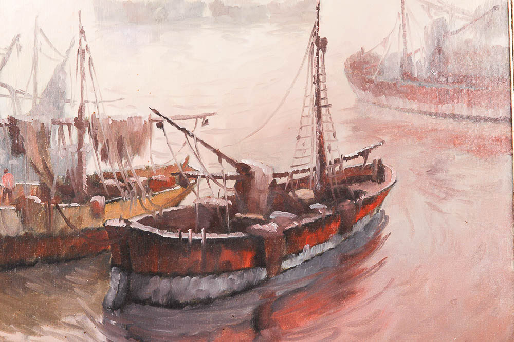 Tanallo Original Oil Painting on Canvas, Boats in Harbor