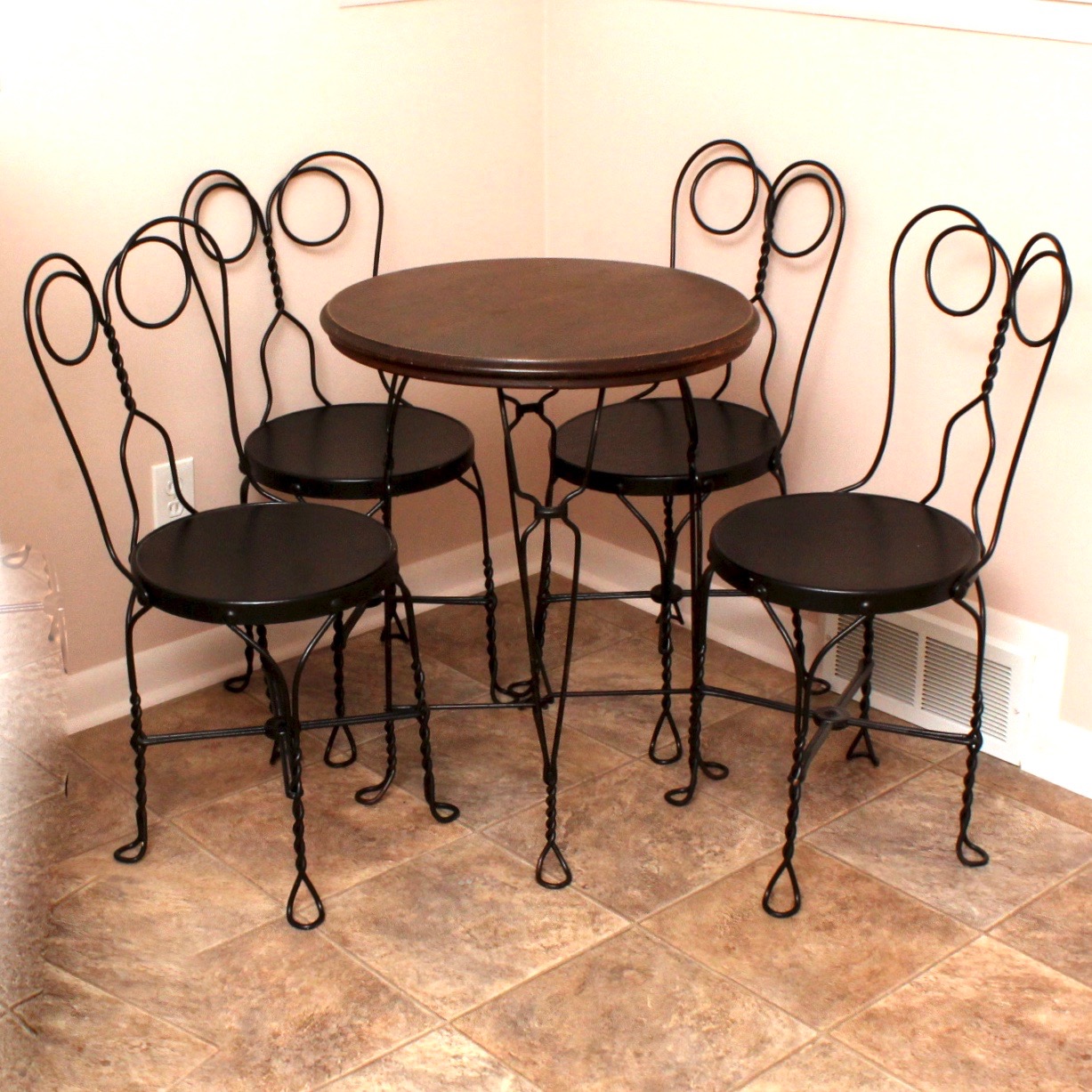 Vintage Wrought Iron Bistro Table with Four Chairs