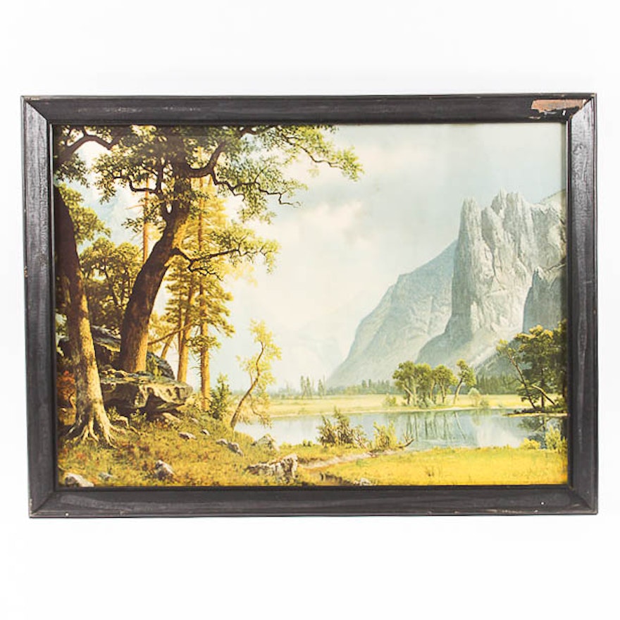 Vintage Framed Chromolithograph Print of Mountain Landscape