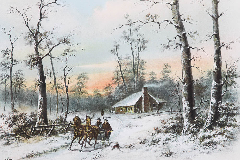 Chromolithograph Print after 1895 Drawing "A Winter Sunset in New England"