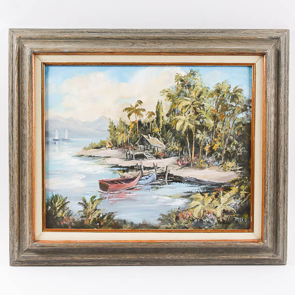 Ina S. Oyler Oil Painting on Canvas of Tropical Beach Scene