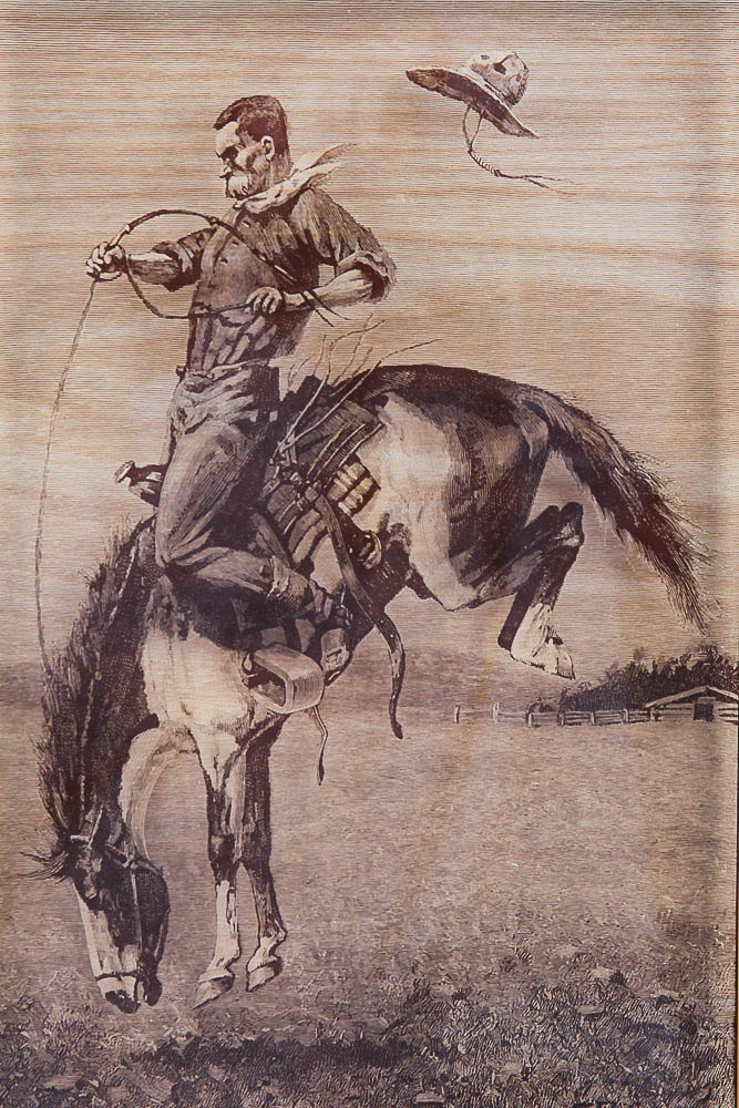 Print on Glass After Frederick Remington Engraving "Bucking Bronco"