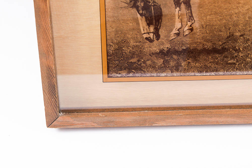 Print on Glass After Frederick Remington Engraving "Bucking Bronco"