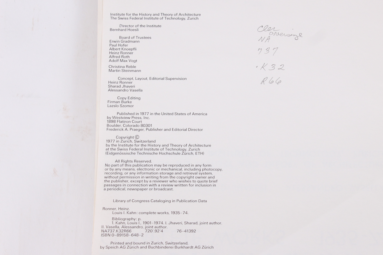 1977 "Louis I. Kahn, Complete Works 1935-1974"