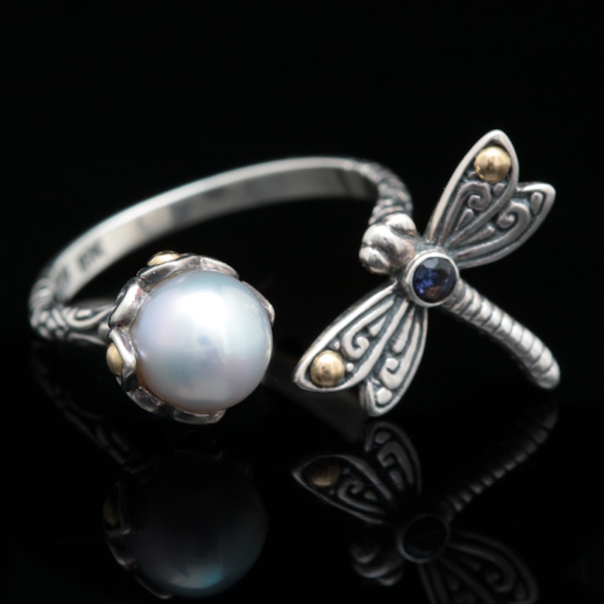 Sterling Silver, 18K Yellow Gold, Pearl and Iolite Dragonfly Ring