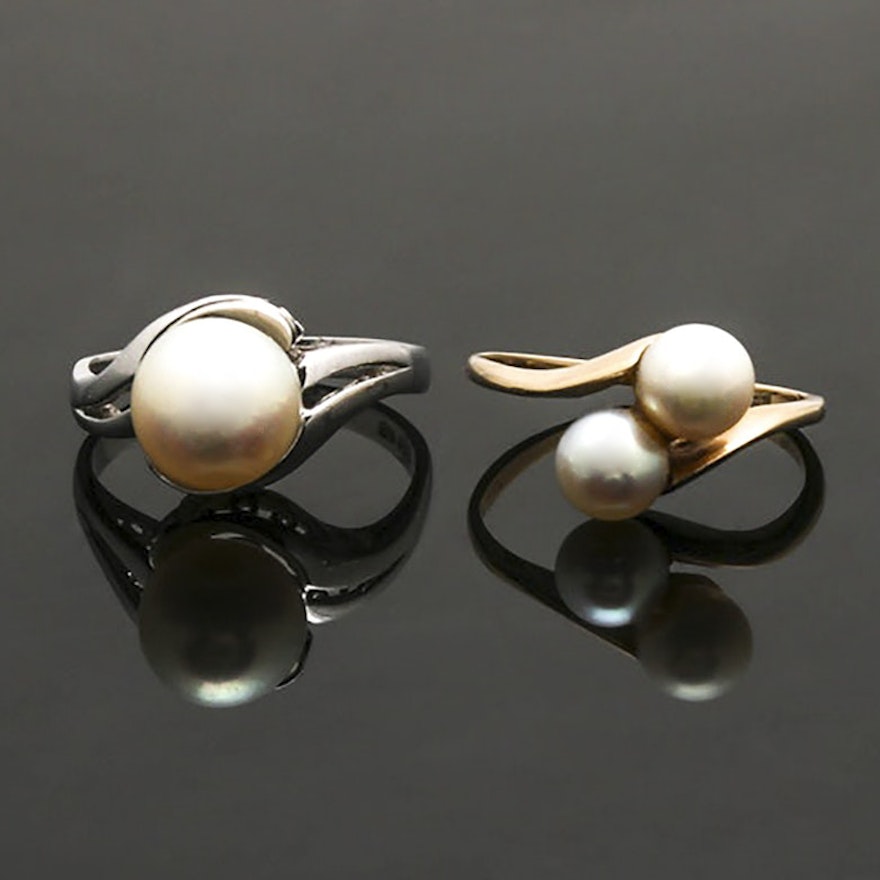 14K Yellow and White Gold Cultured Pearl Bypass Rings