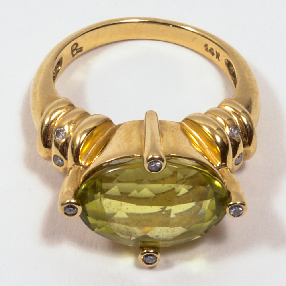 14K Yellow Diamond And Gold Lime Quartz Ring