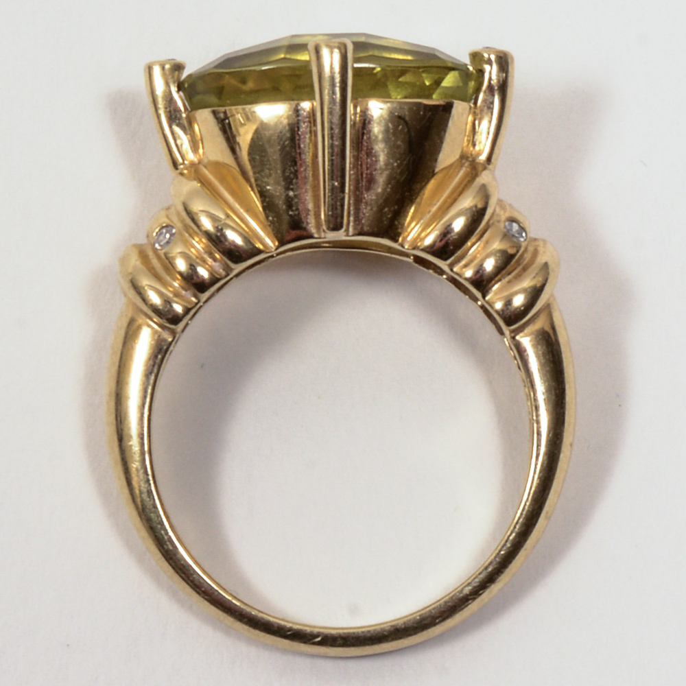 14K Yellow Diamond And Gold Lime Quartz Ring