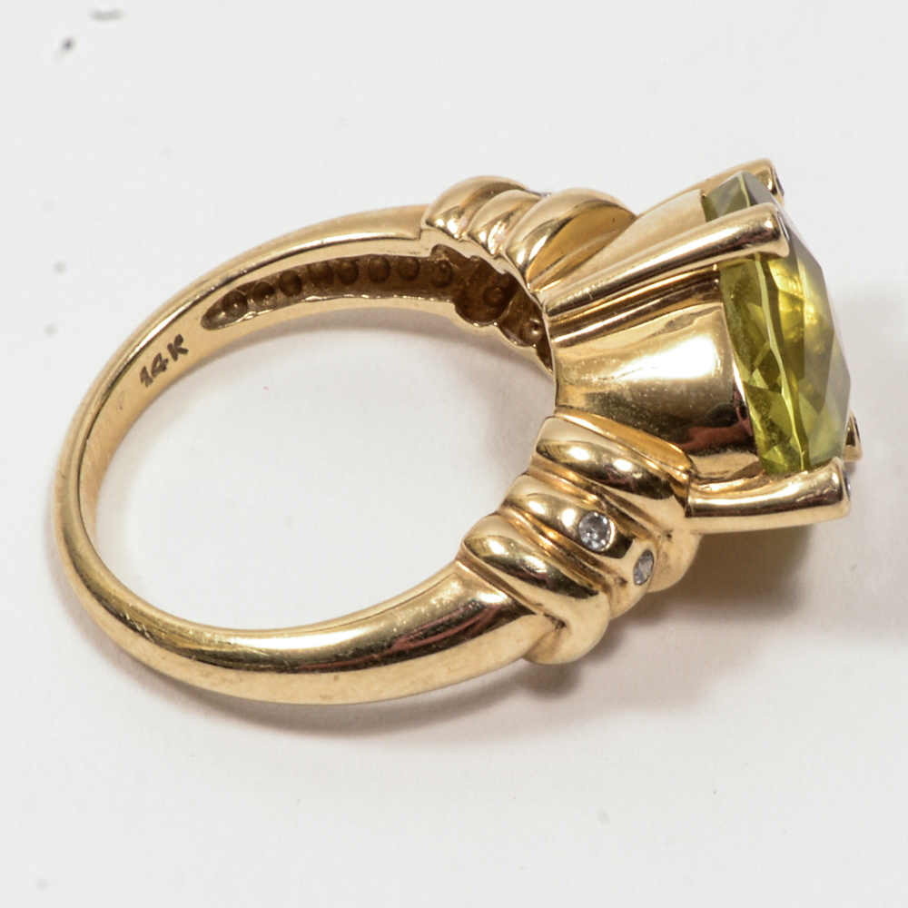 14K Yellow Diamond And Gold Lime Quartz Ring