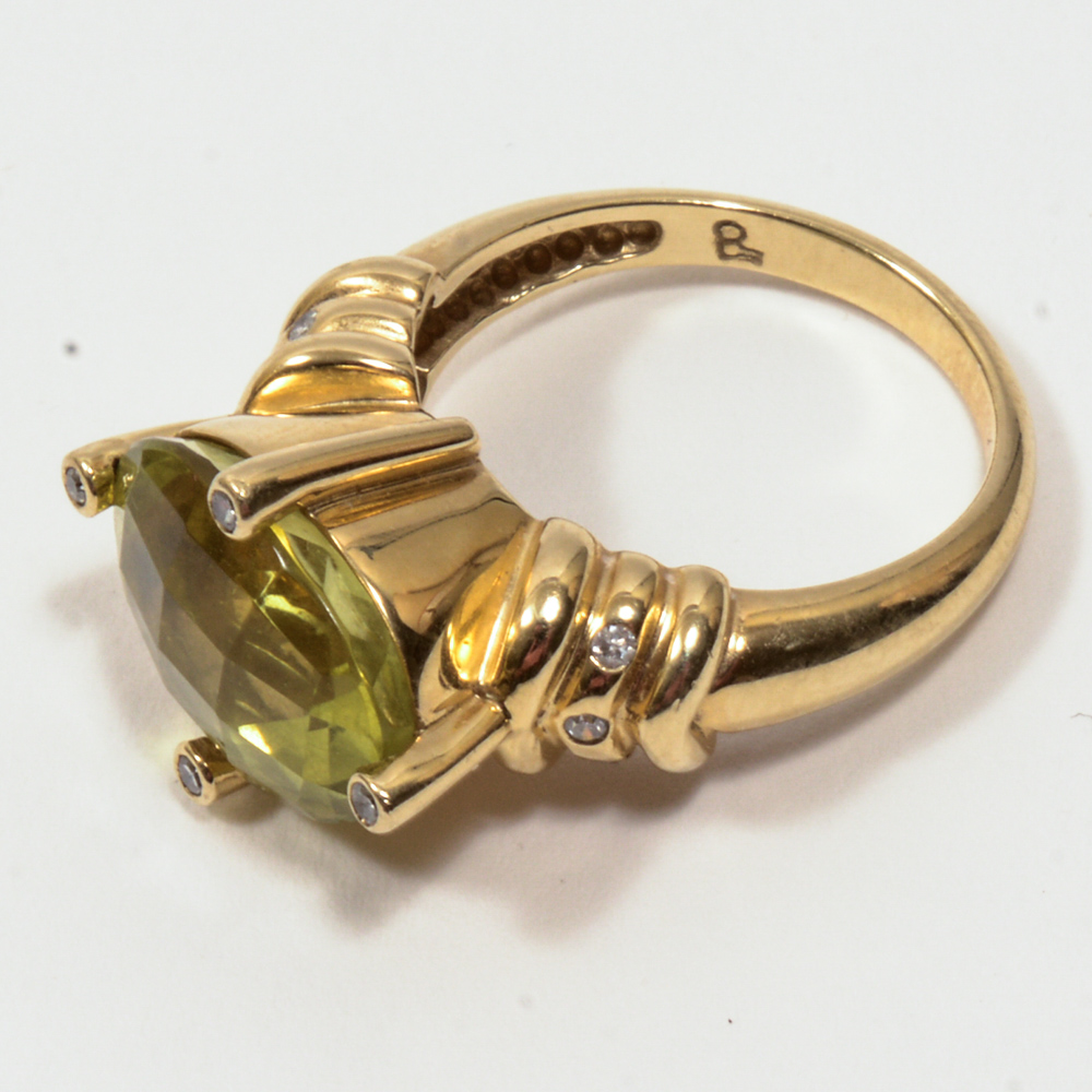 14K Yellow Diamond And Gold Lime Quartz Ring