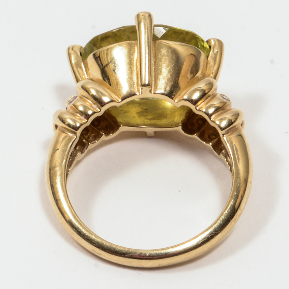 14K Yellow Diamond And Gold Lime Quartz Ring