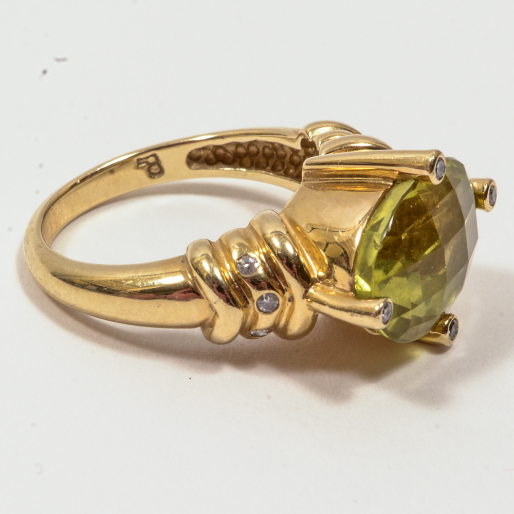14K Yellow Diamond And Gold Lime Quartz Ring
