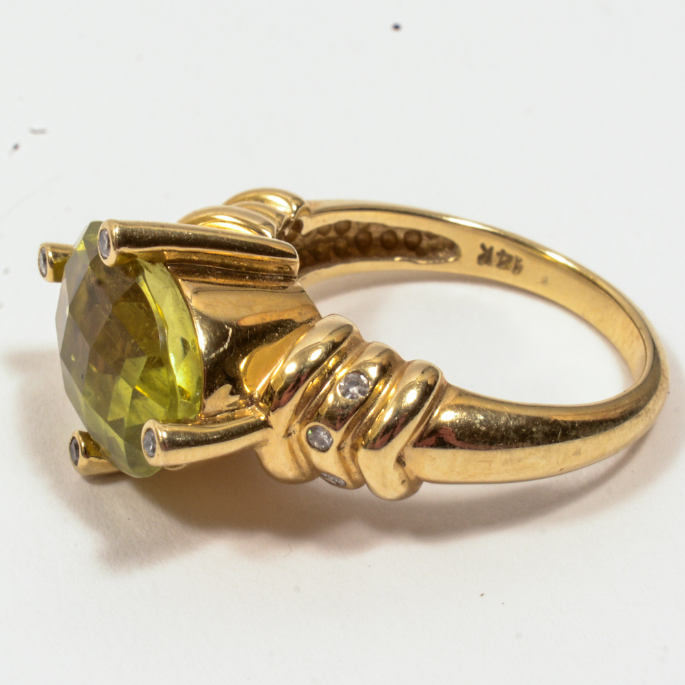 14K Yellow Diamond And Gold Lime Quartz Ring