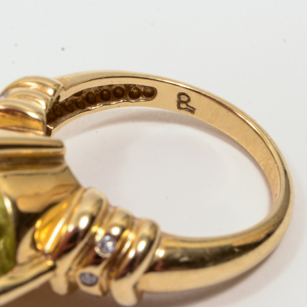 14K Yellow Diamond And Gold Lime Quartz Ring