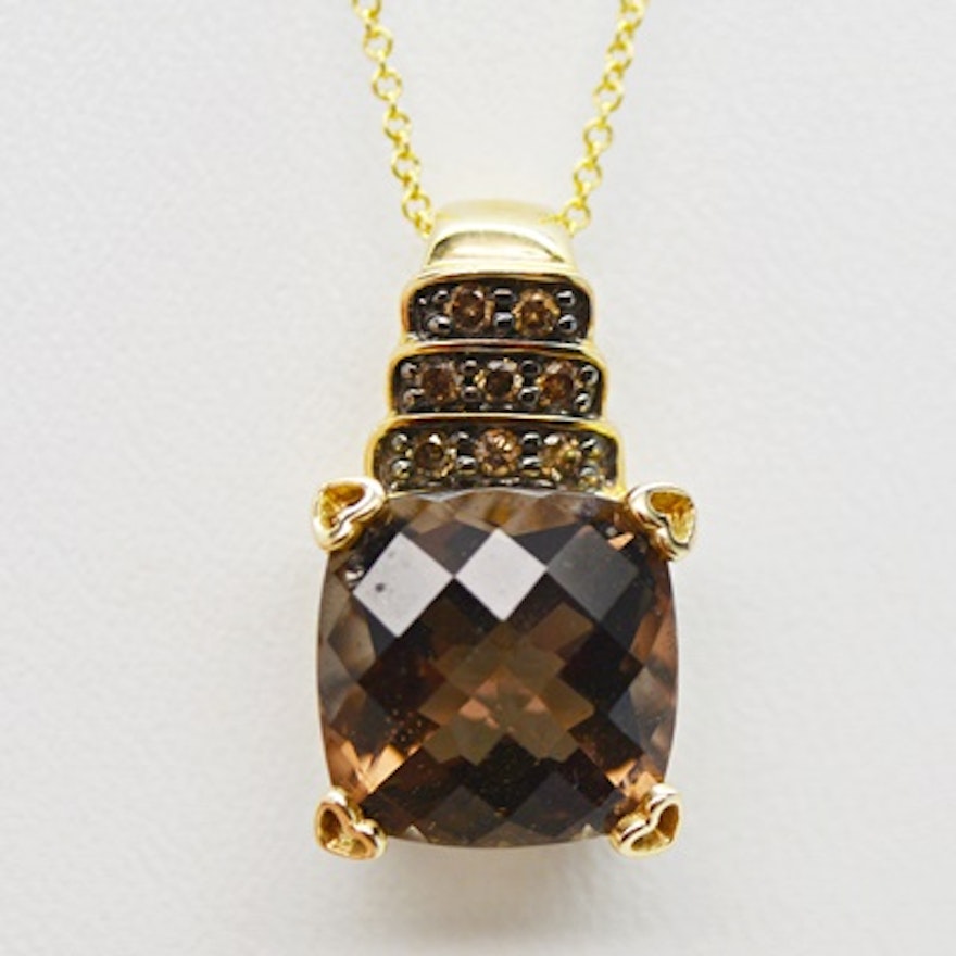 14K Yellow Gold Smoky Quartz and Diamond Pendant Necklace