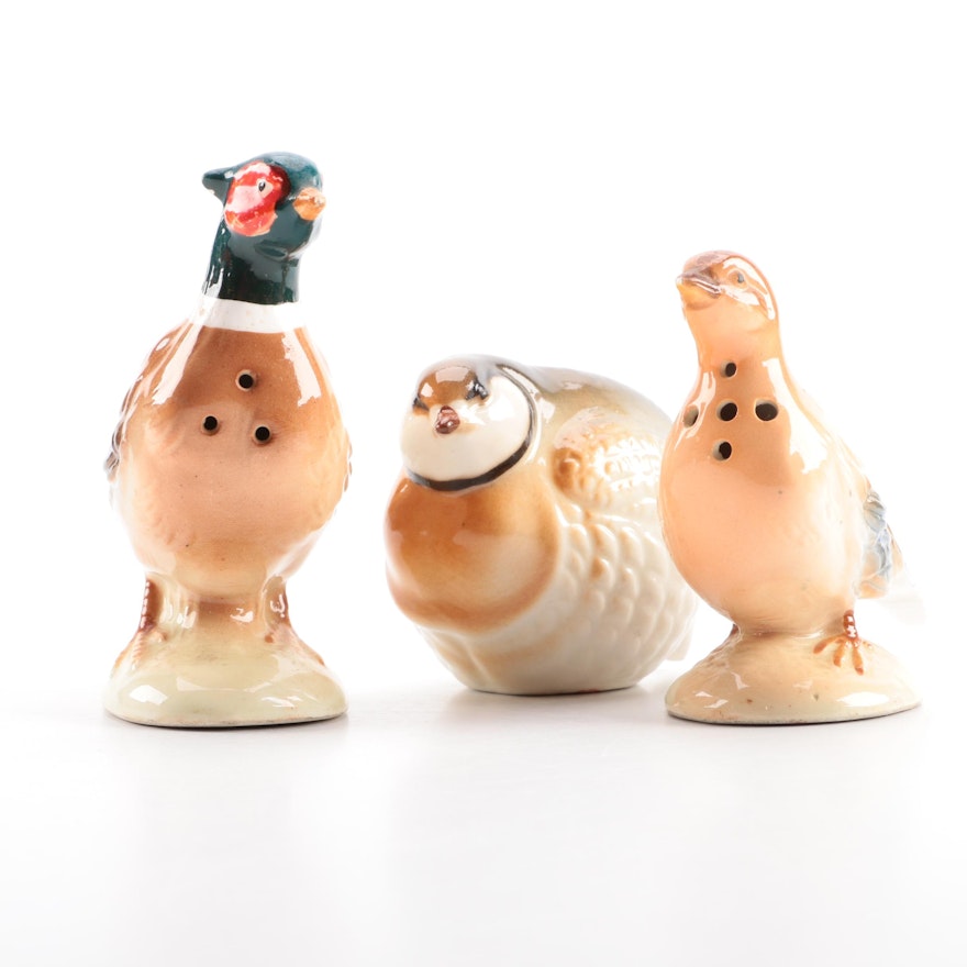 Vintage Norcrest Ceramic Pheasant Salt and Pepper Shakers and Figurine