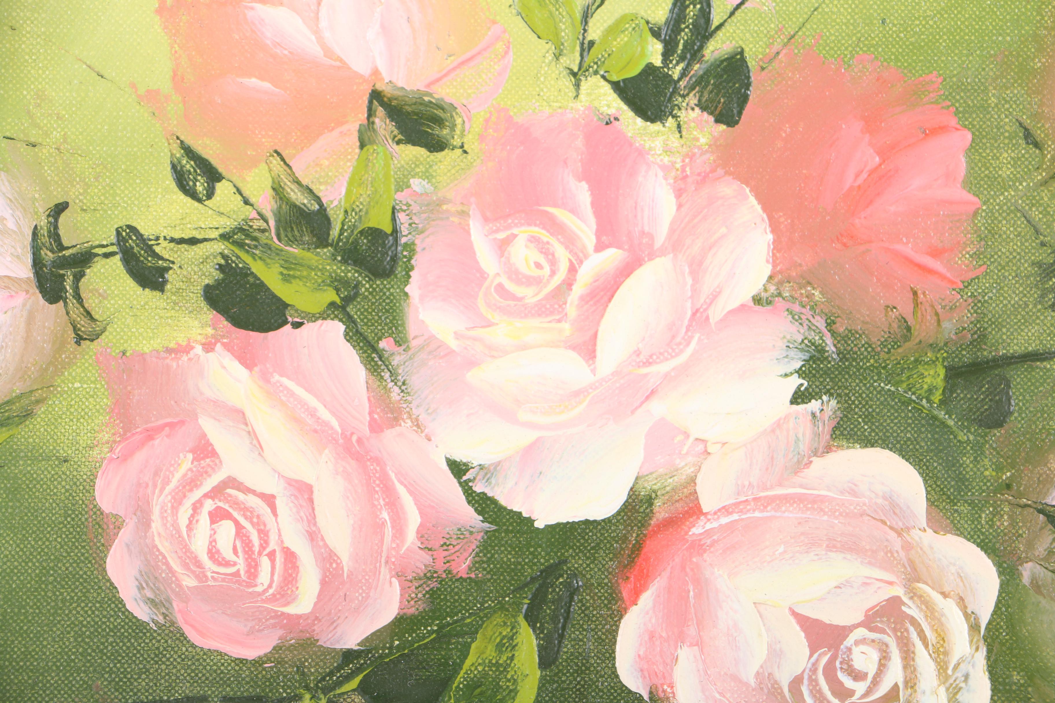 Robert Cox Oil Painting on Canvas Board of Still Life with Pink Roses