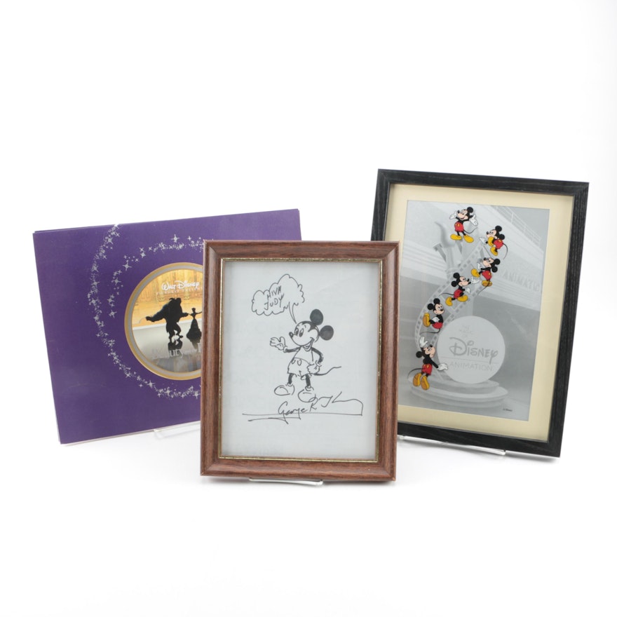 Ink on Paper "Mickey Mouse" Drawing and Other Walt Disney Collectibles