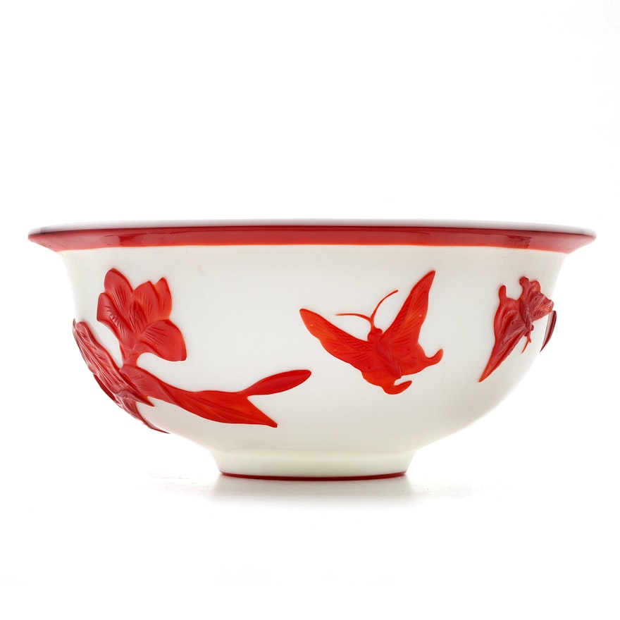 Chinese Red Overlay Peking Glass Bowl