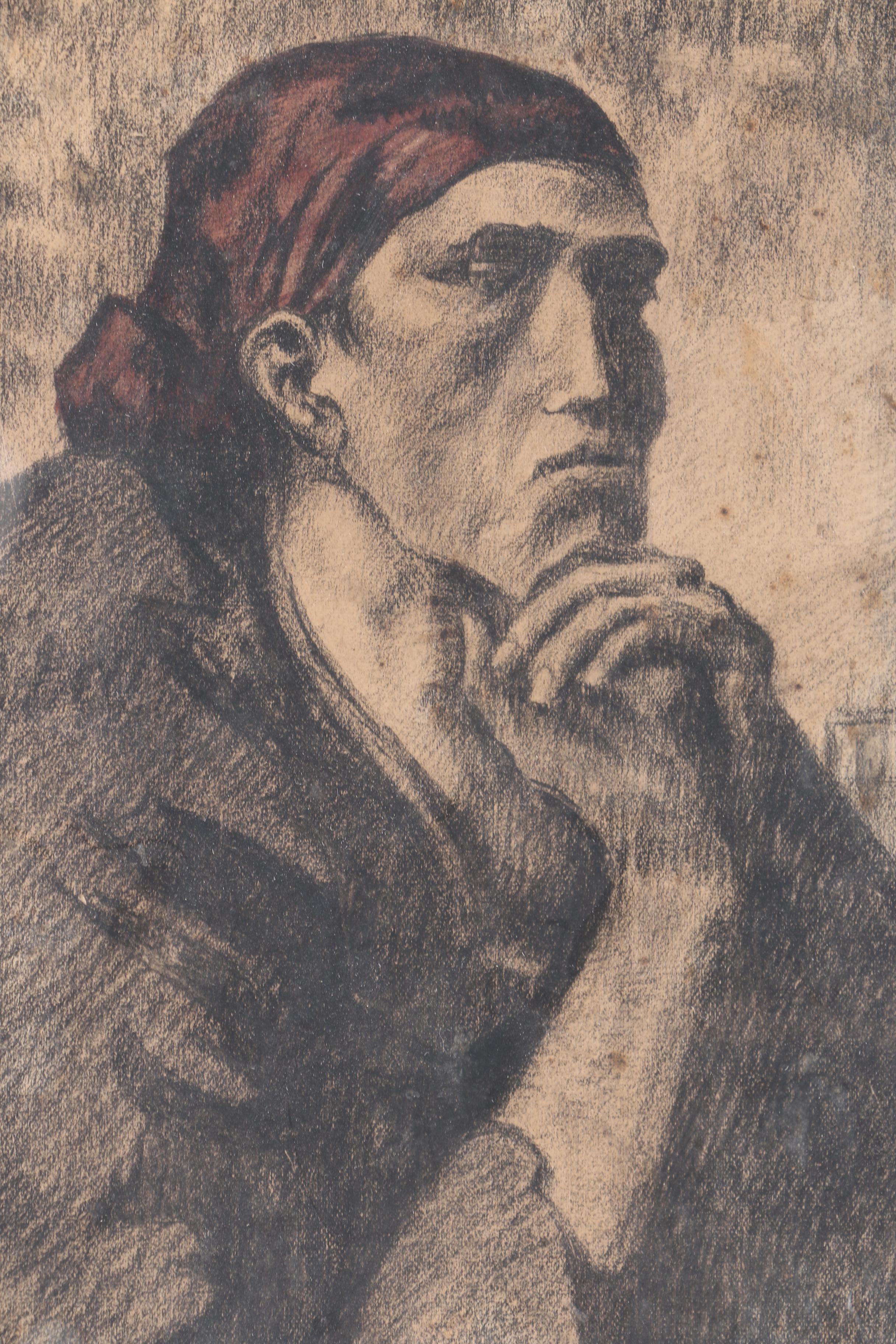 Charcoal Drawing of a Pensive Figure