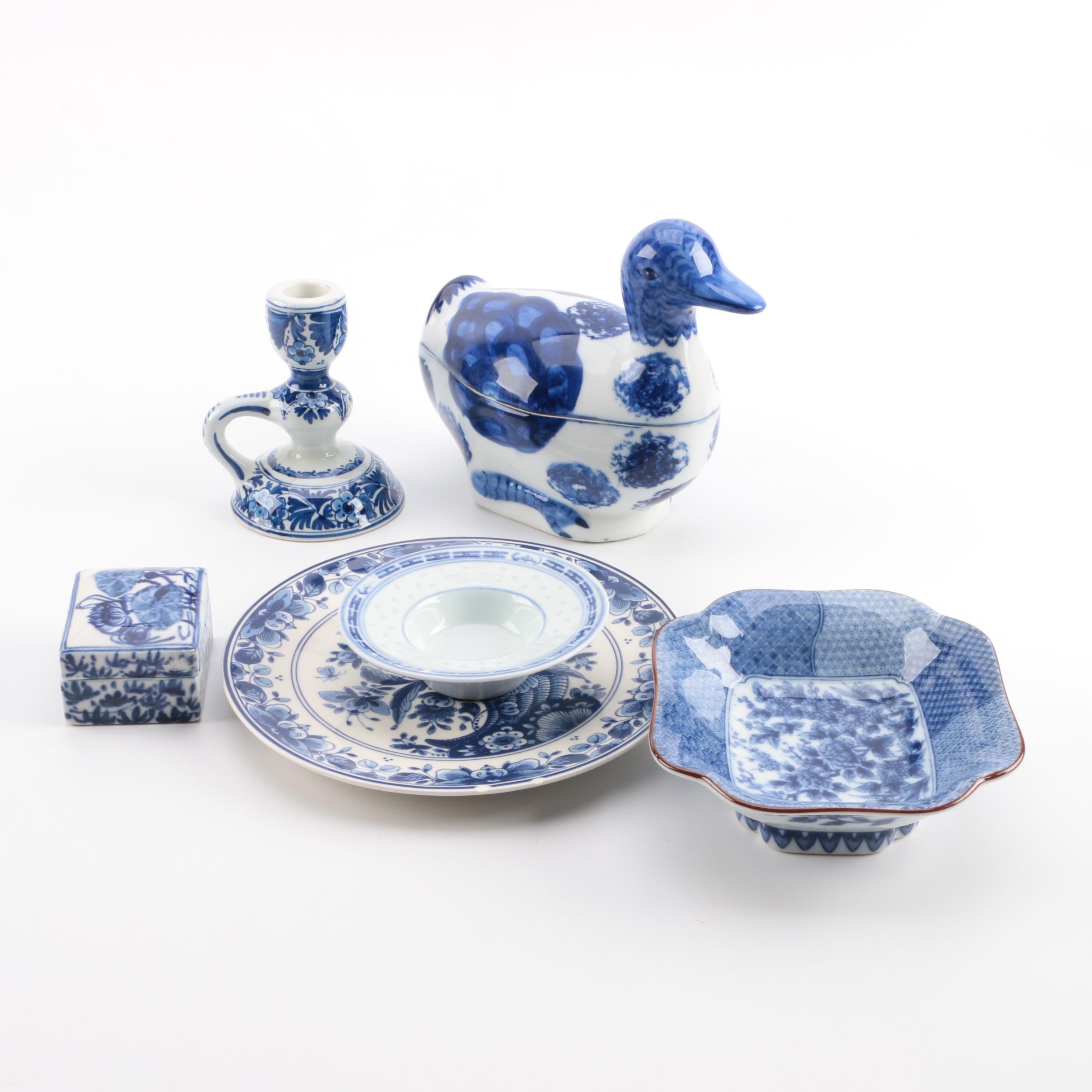 Assorted Blue and White Ceramic Decor Featuring Delft