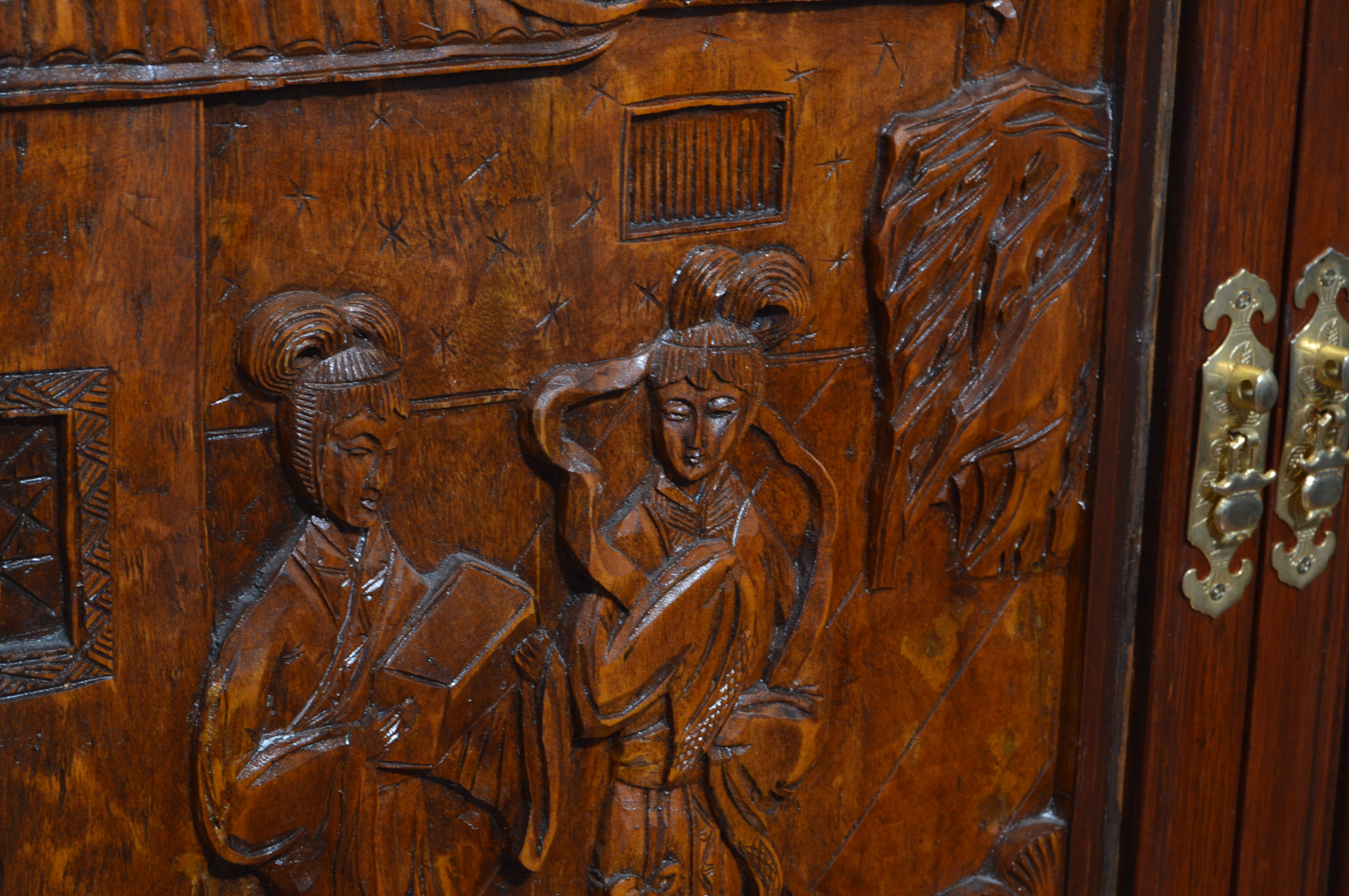 Vintage Carved Teak Chinese Bar