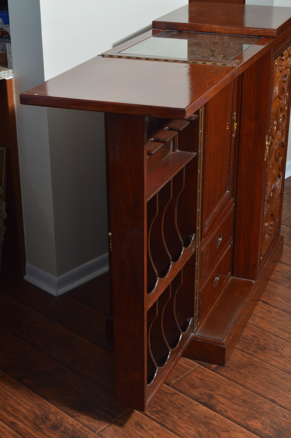 Vintage Carved Teak Chinese Bar