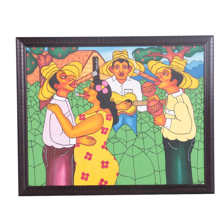 F.R. Oil on Canvas of People Smoking Cigars