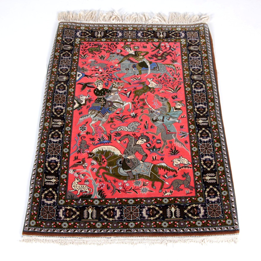 Vintage Finely Hand-Knotted Persian Qum Hunting Scene Area Rug