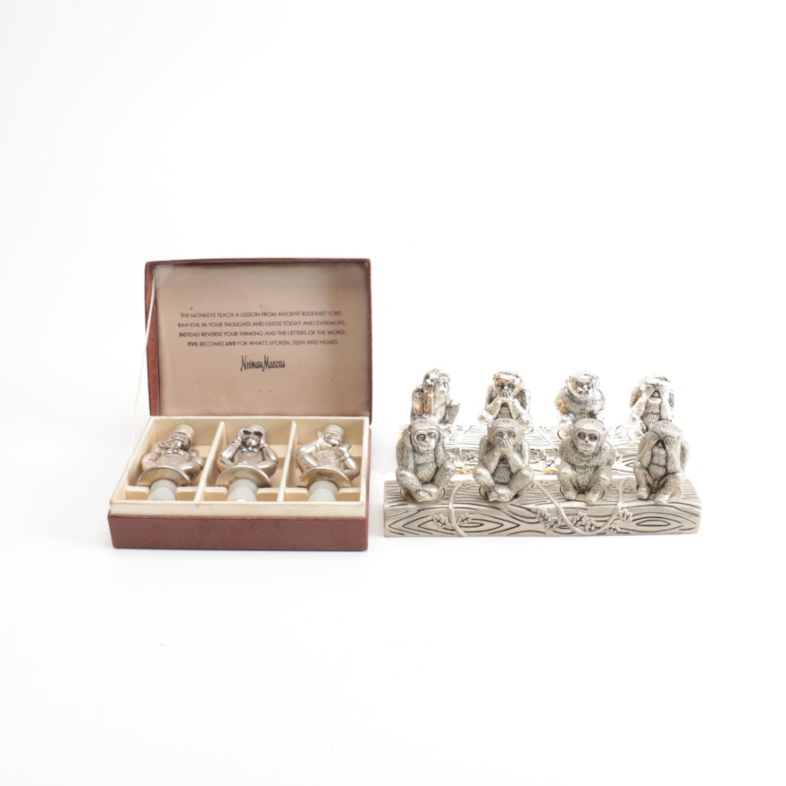 Nieman Marcus "Three Wise Monkeys" Bottle Stoppers with Shakers