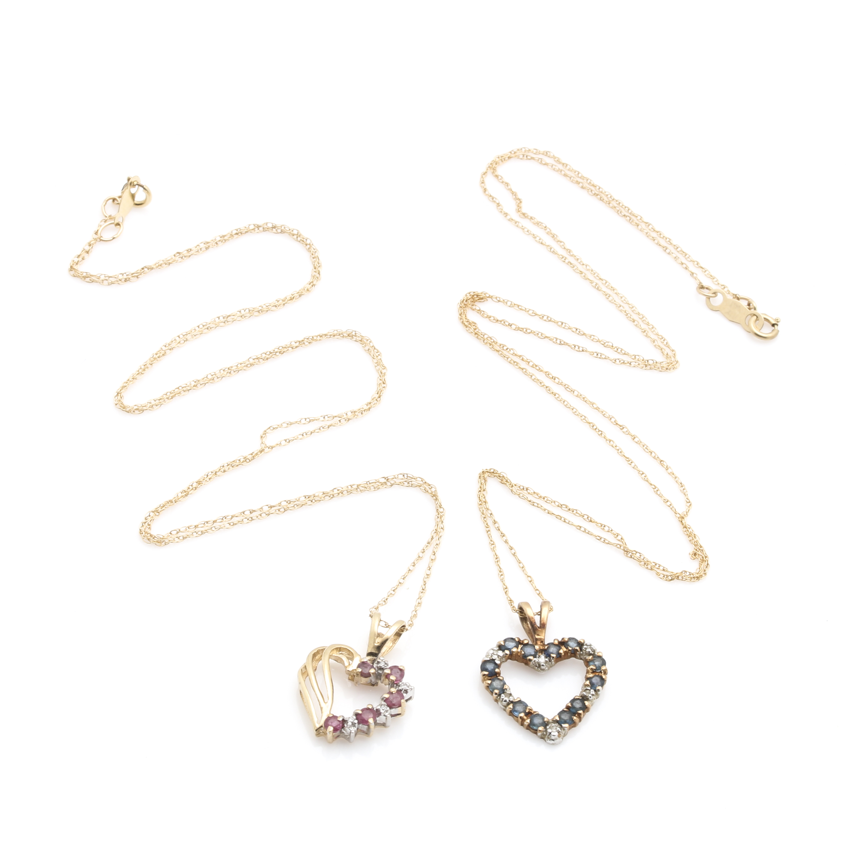 10K Yellow Gold Heart Pendant Necklaces Featuring Diamonds and Gemstones