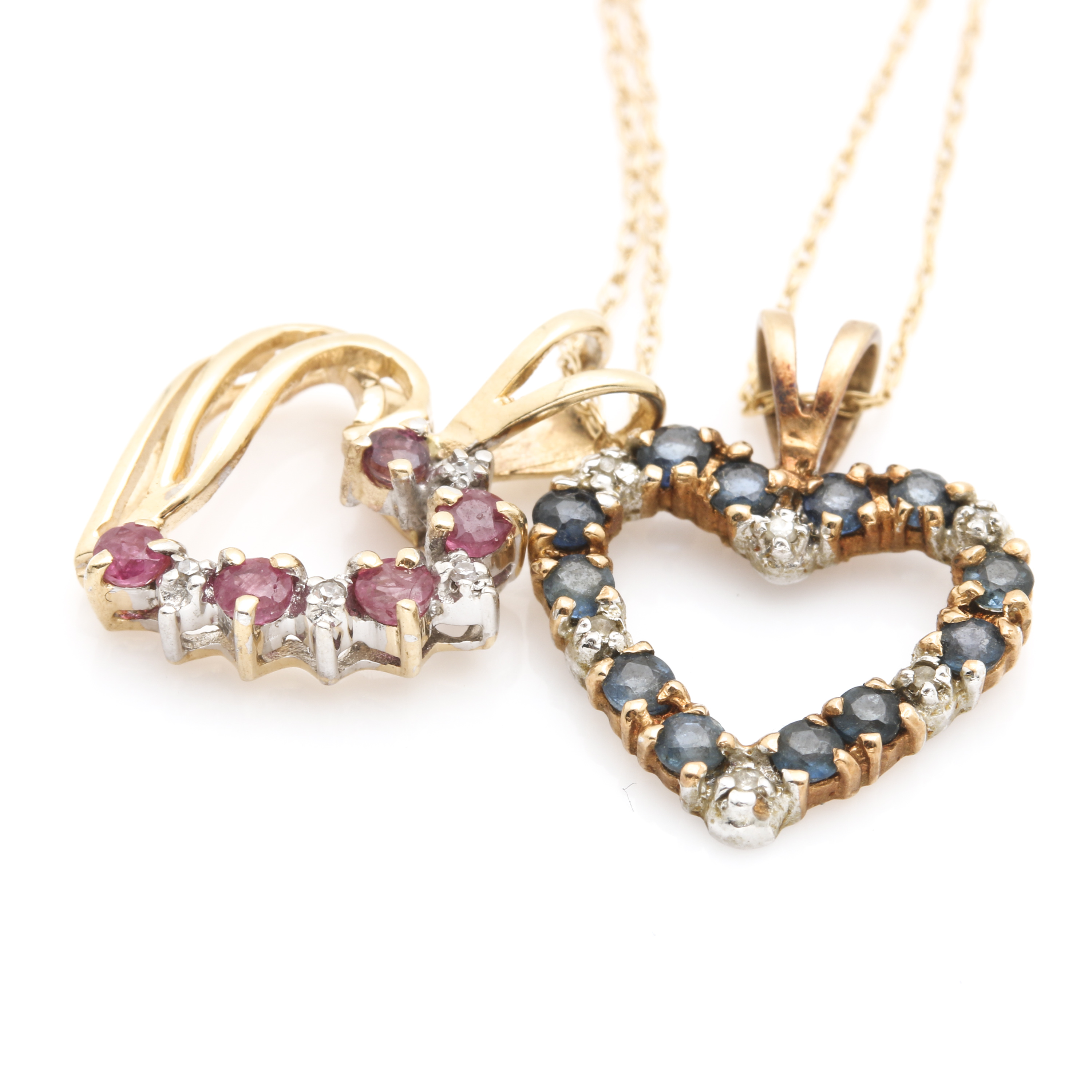 10K Yellow Gold Heart Pendant Necklaces Featuring Diamonds and Gemstones