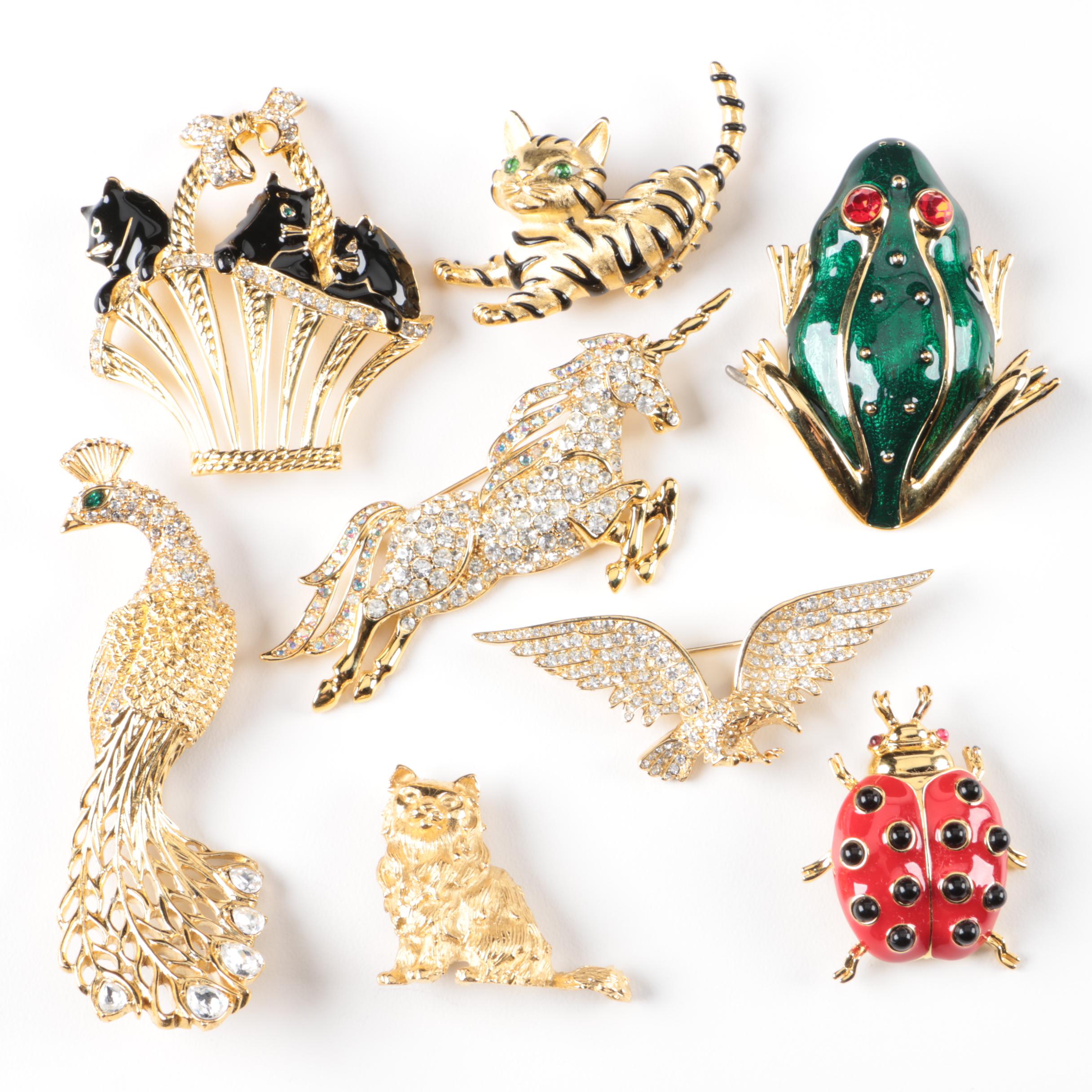 Vintage Trifari Gold Tone Animal and Insect Themed Costume Brooches