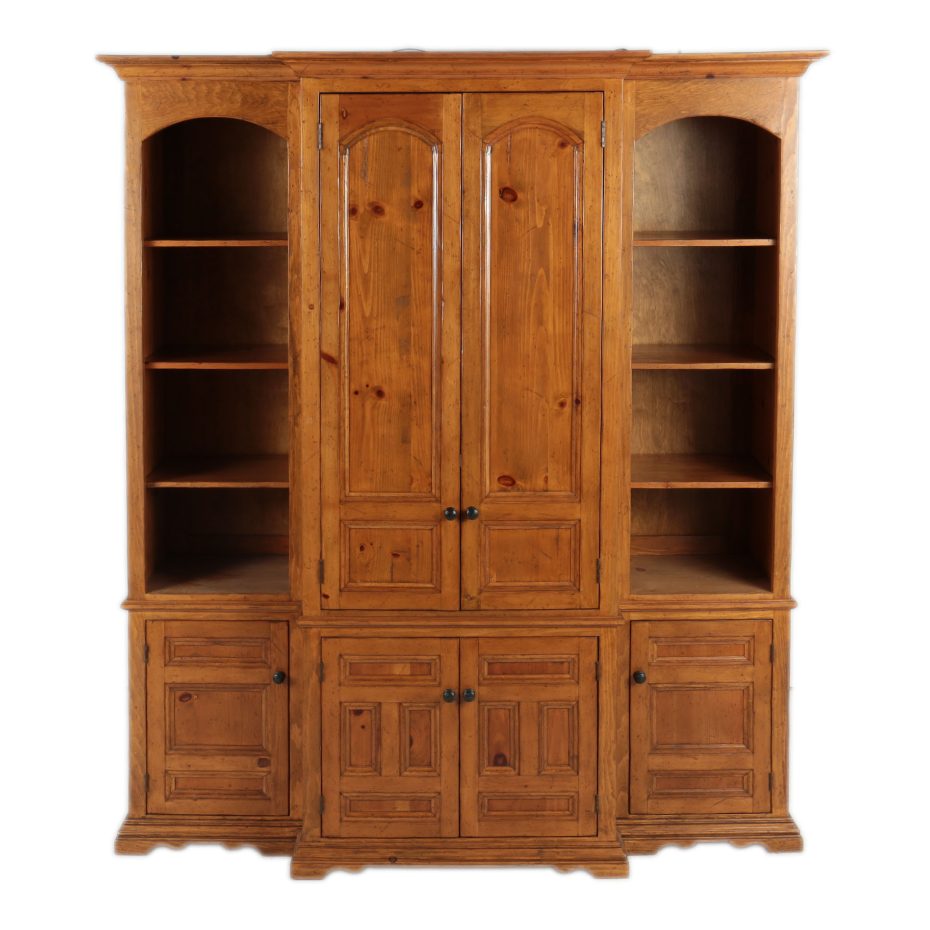 Large Pine Breakfront Media Cabinet