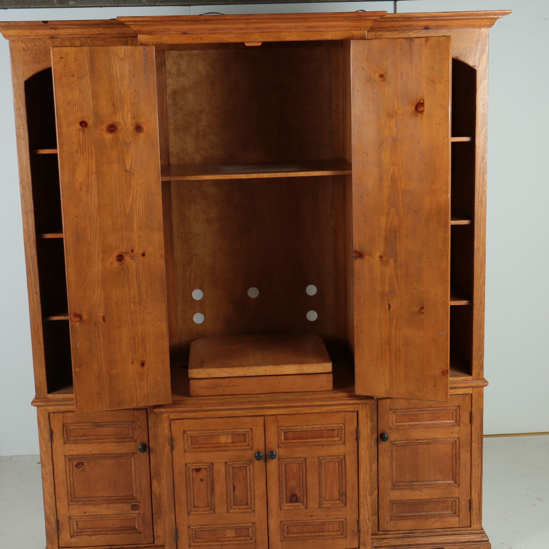 Large Pine Breakfront Media Cabinet